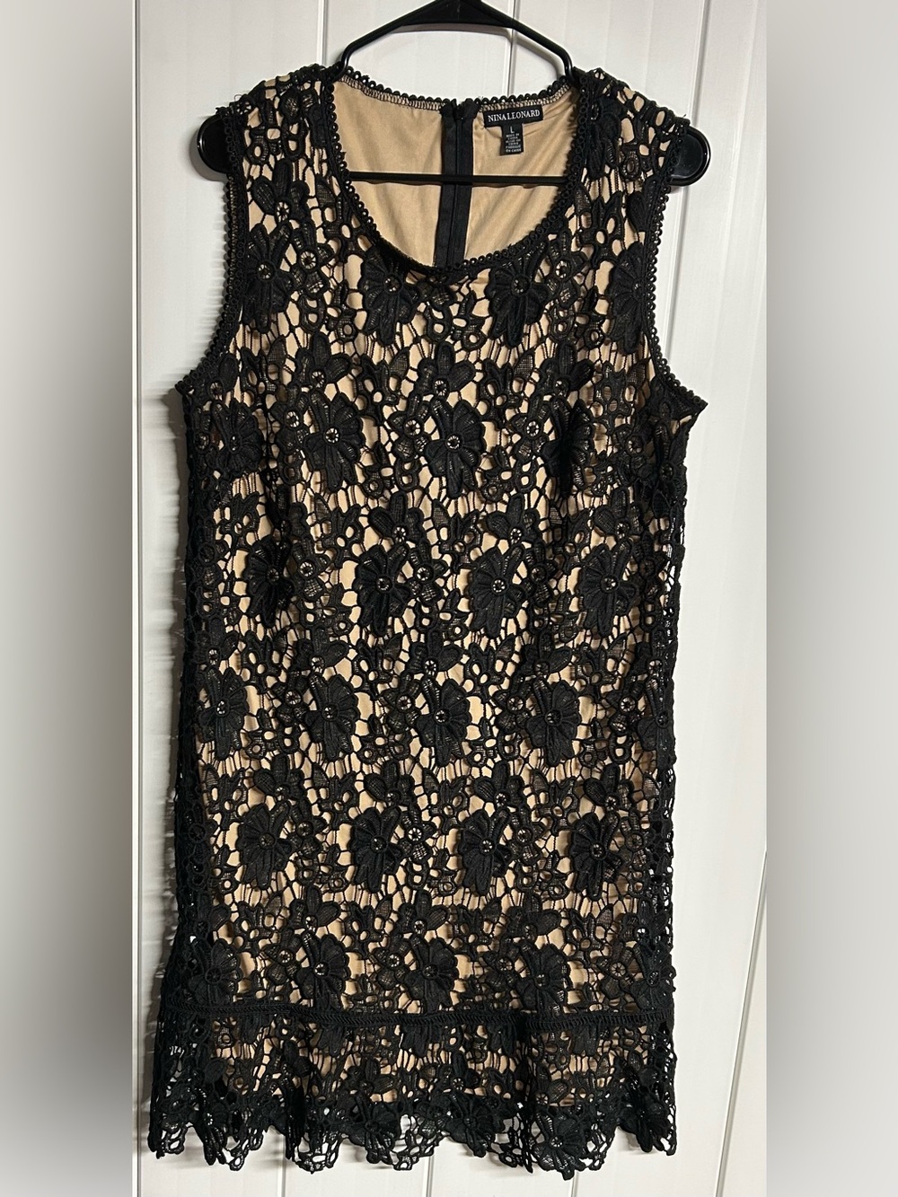 Nina Leonard Black Lace Overlay Tank with Nude Lining